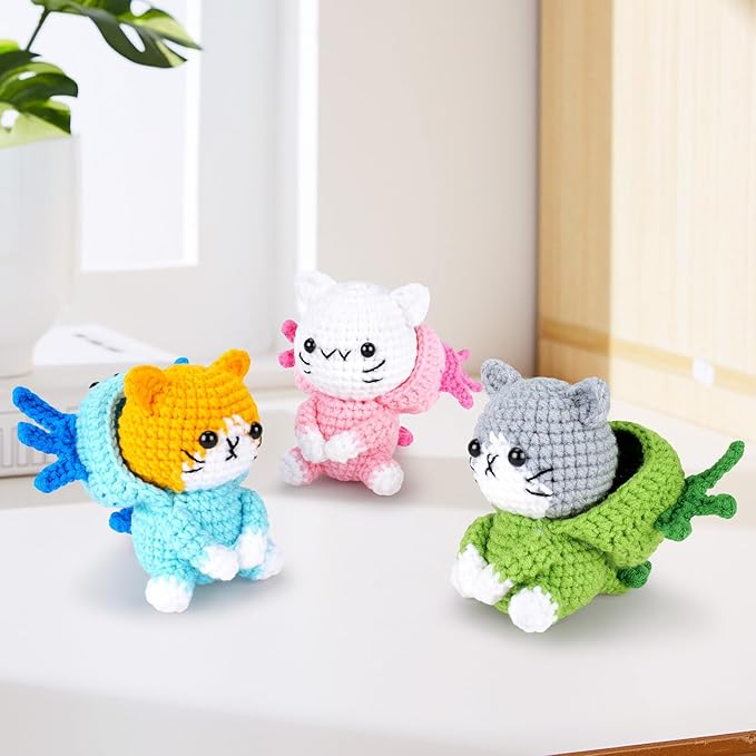 Crochet Kit for Beginners - 3 PCS Axolotl Cat Crochet Kits with Step-by-Step Video Tutorials, Beginner Crochet Kit for Adults, Crochet Cat Dressed as Axolotl Set (Blue & Green & Pink)-CubbioJoy