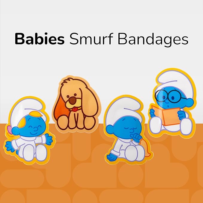 BioSwiss Bandages, The Smurfs Baby Smurf Shaped Self Adhesive Bandage, Latex Free Sterile Wound Care, Fun First Aid Kit Supplies for Kids and Adults, 24 Count Box-CubbioJoy