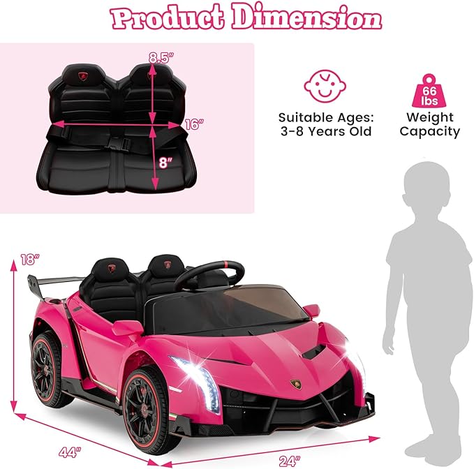 Costzon Pink Lamborghini Ride on Car, 12V Battery Powered 4WD Lambo Kids Car with Remote Control, 3 Speeds, Dual Doors, LED Lights, Horn, Music, Licensed Electric Vehicle for Toddlers Girls Kids Gift-CubbioJoy