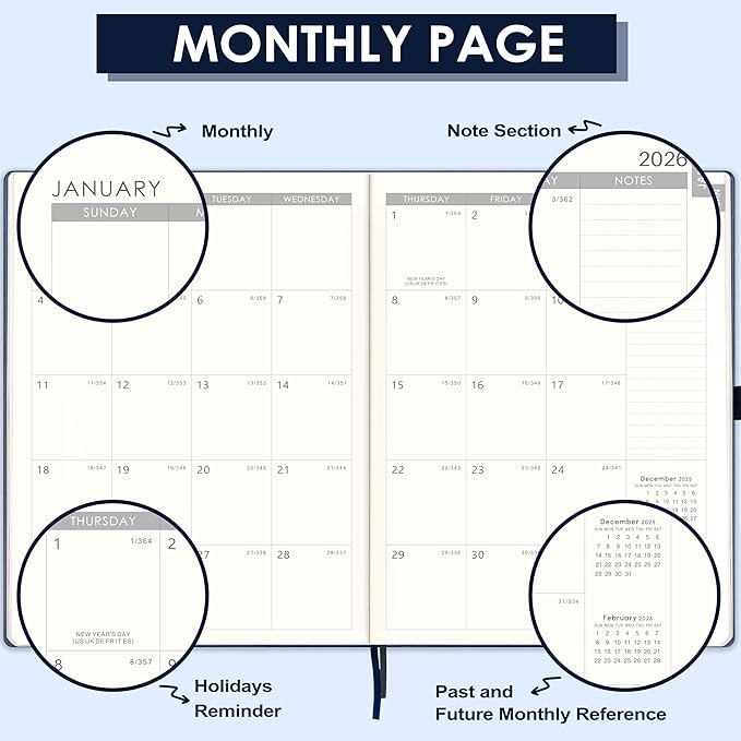 2026 Planner - Weekly and Monthly Planner 2026, JAN 2026 - DEC 2026, 8.5" x 11", Leather Cover 2026 Planners with Thick Paper, Back Pocket with Notes Pages - Blue-CubbioJoy