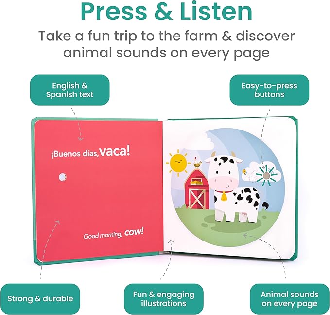 Binibi Spanish Books for Babies & Toddlers 1-3 La Granja Interactive Bilingual Sound Book with Farm Animal Sounds | Bilingual Children's Book | Spanish Learning for Kids | Libro en español para bebés-CubbioJoy