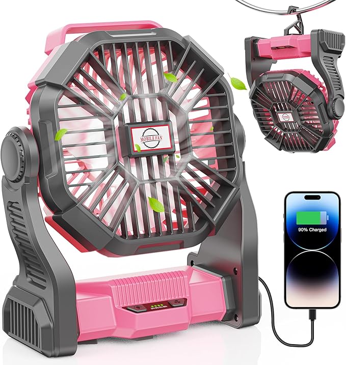 15000mAh Portable Battery Powered Camping Fan - with LED Light, Quiet Battery Operated, Camping Gear for Travel, Tent, Beach, Car or Hurricane Power Outages, Pink-CubbioJoy