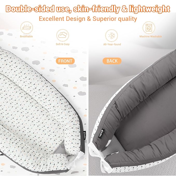 JOLLITO Baby Lounger for Baby Girls & Boys, Infant Lounger Cover, Newborn Essentials for Baby 0-12 Months, Baby Play Mat,100% Cotton Breathable, Portable Travel, Babies Essentials Gifts-CubbioJoy