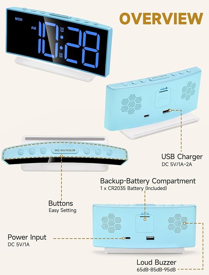 Cadmos Loud Alarm Clock for Heavy Sleepers Adults,Kids,Teens,Digital Desk Clock with USB Port,Large Numbers,7 Color Night Light,Modern Electronic Plug in Simple Clock for Bedroom(Blue+Dynamic)-CubbioJoy