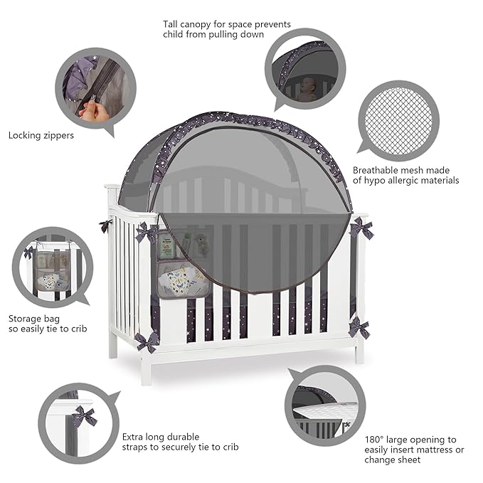 Baby Safety Crib Tent Infant Pop up Mosquito Net Nursery Bed Canopy Netting Cover - Keep Baby from Climbing Out with Hanging Diaper Storage Bag (Dark Gray)-CubbioJoy