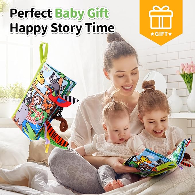 Jollybaby Crinkle Books for Babies, Sensory Soft Touch and Feel Baby Toys for 0-6 Months Infants, Newborn Montessori Early Educational Cloth Toys, Baby Girl & Boy Gift(Jungle Tails)-CubbioJoy
