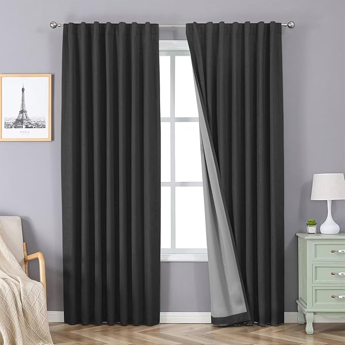 Joydeco 100% Blackout Curtains 108 inches Long for Bedroom Living Room - 2 Panels Set Burg Room Darkening Black Out Curtains for Bedroom Windows, Back tab Rod Pocket(52x108 inch,Black)-CubbioJoy