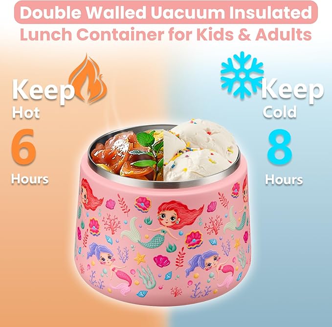14oz Insulated Vacuum Food Jar with Buckle Lid,Soup Thermo for Hot Food Kids,Wide Mouth Leakproof Stainless Steel Lunch Container with Spoon-Mermaid-CubbioJoy