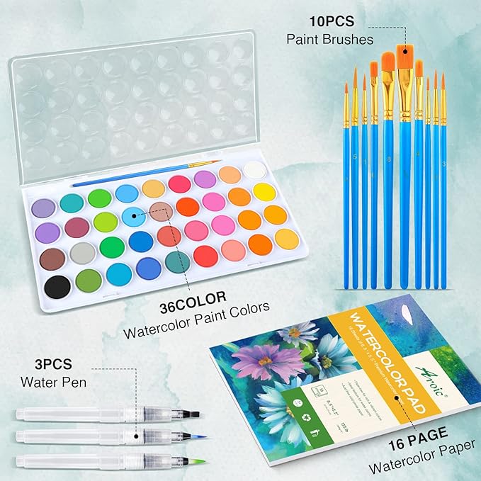 AROIC 65 Pieces Watercolor Paint Set,36 Colors Watercolor,10 Brushes,3 Refillable Water Brush Pens,16 Page Pad(8.5 * 5.5in),Profesional Watercolor Kit for Kids, Adults, Beginners-CubbioJoy