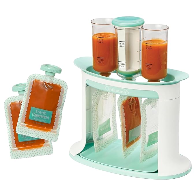 Infantino Squeeze Station, Baby Food Maker & Pouch Filler, Fill 3 Reusable Pouches at Once, Easy to Use, Dishwasher Safe, Homemade Baby Food Prep Essential, Teal-CubbioJoy