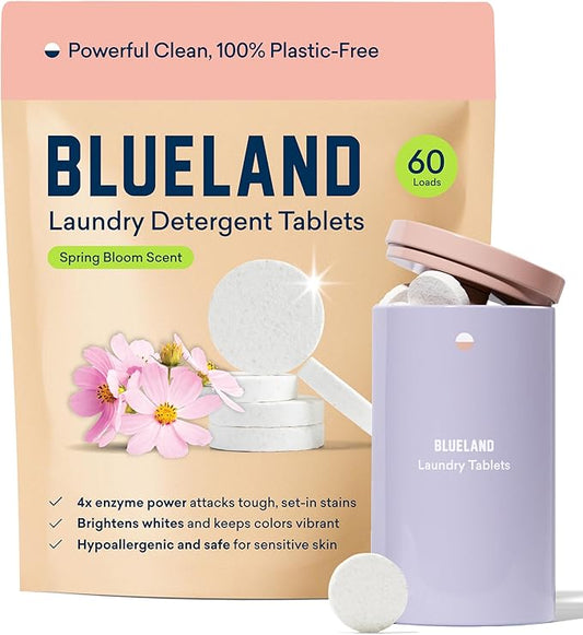 BLUELAND Laundry Detergent Tablets, Starter Set, Spring Bloom Scent, 60 Count with Tin, Plastic-Free Eco-Friendly Pods, Sheets, Liquid Alternative - Natural, Gentle-CubbioJoy