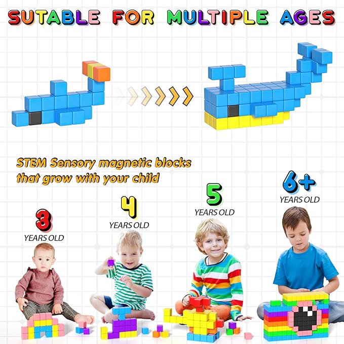 54 PCS Magnetic Blocks, Magnetic Building Blocks for Toddlers 3+, Montessori Toys, Magnet Cubes, Preschool STEM Educational Sensory Magnet Toys for Kids Ages 3-5 Year Old Boys and Girls-CubbioJoy