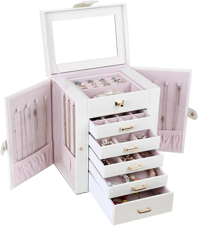 Kendal Jewelry Box, 6-Layer Jewelry Storage Organizer for Necklace Bracelet Rings Watch, 10.2"x8.2"x6" Classic PU Leather 5 Drawers Large Storage Capacity with Mirror-CubbioJoy