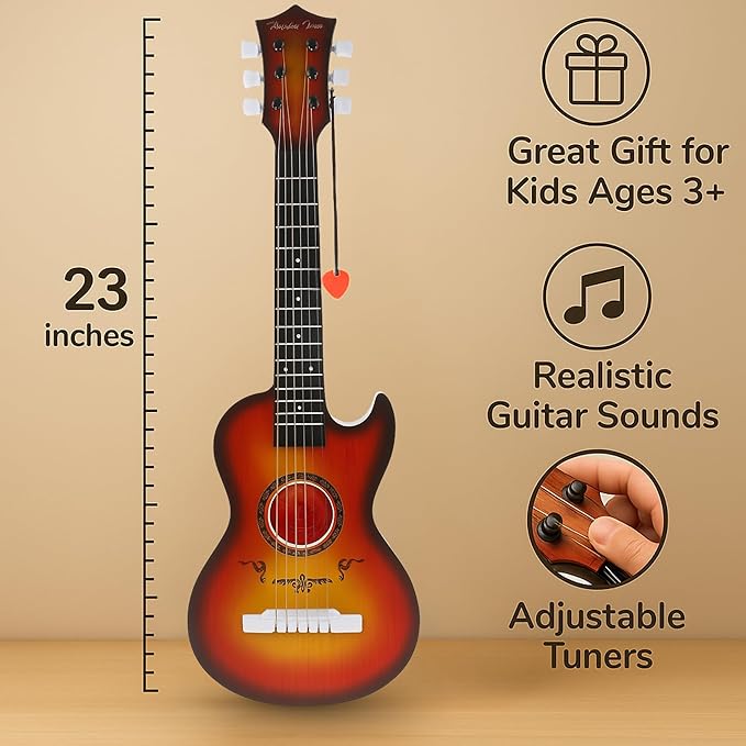 23" Acoustic Guitar, Kids 6 String Toy Guitar - Realistic Steel Strings - Beginner Practice First Musical Instrument for Children, Toddlers (Cherry Sunburst)-CubbioJoy