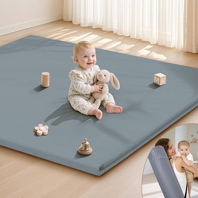 Baby Play Mat 47x47 Inches, Extra Thick 1.2" Foam Floor Mat for Tummy Time & Crawling, Waterproof Non-Slip Faux Leather Playpen Mat for Infants Toddlers, Indoor Outdoor Gym Activity, Blue-CubbioJoy