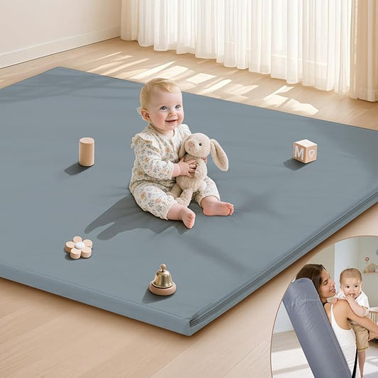 Baby Play Mat 47x47 Inches, Extra Thick 1.2" Foam Floor Mat for Tummy Time & Crawling, Waterproof Non-Slip Faux Leather Playpen Mat for Infants Toddlers, Indoor Outdoor Gym Activity, Blue-CubbioJoy