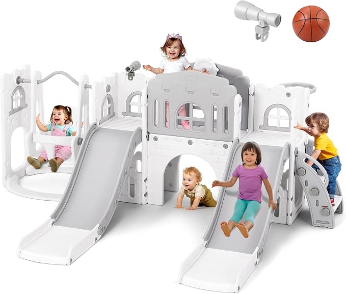 JOYLDIAS 10 in 1 Toddler Slide, Double Kid Climber Slide Playset w/Swing, Basketball Hoop, Telescope, Tunnel, Storage Space and Non-Slip Steps, Indoor Outdoor Backyard Playground Toy for Toddlers-CubbioJoy