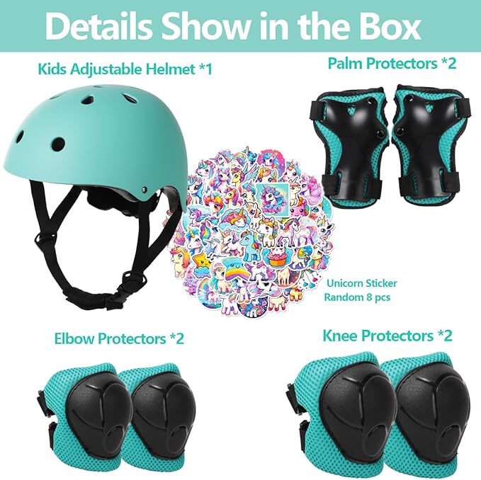 Kids Bike Helmet with Knee Elbow Wrist Pads Guards,Pink,for Ages 2-3-5-8-14,Sports Bicycle,Skate Scooter,Rollerblading with Unicorn Sticker-CubbioJoy