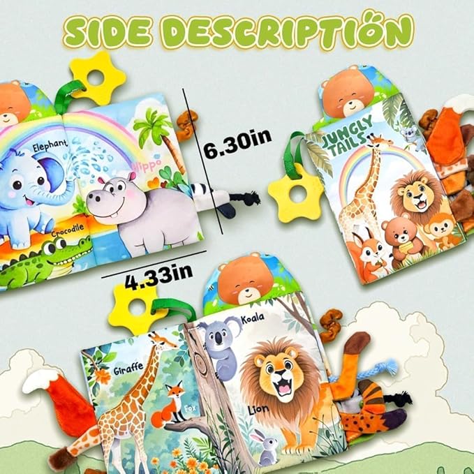 Baby Toys 0-6 Month, Crinkle Books for Babies, Jungle Tails Soft Baby Cloth Books 6 to 12 Months with 10 Pcs Jungle Animal Finger Puppets, Infant Tummy Time Sensory Toys, Newborn Gifts for Boys Girls-CubbioJoy