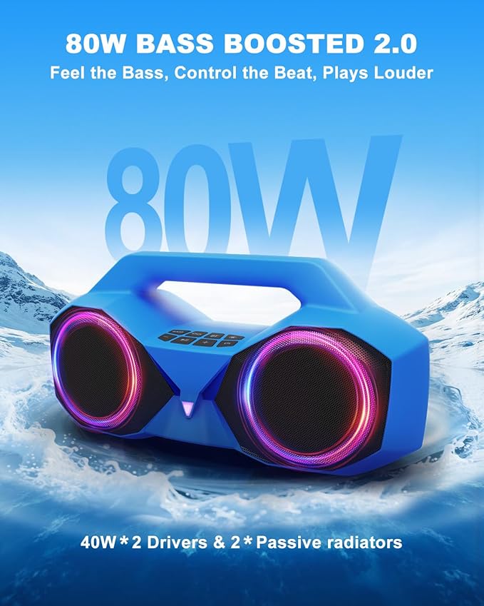 Bluetooth Speaker 80W(Peak)Loud with Bass, 20H Playtime, IPX7 Waterproof, RGB Lights, TWS, Large Portable Wireless Speakers for Outdoor, Home, Party, Pool, Beach, Tailgating, Gym, Work, Gifts (Blue)-CubbioJoy
