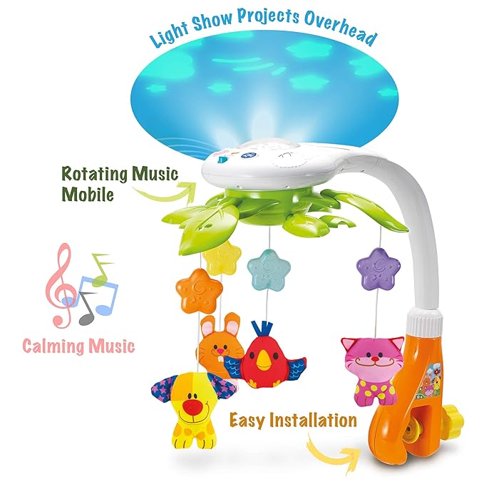 KiddoLab Baby Crib Mobile with Relaxing Music. Includes Ceiling Light Projector with Stars, Animals. Musical Crib Mobile with Timer. Nursery Toys for Babies Ages 0 & Older-CubbioJoy