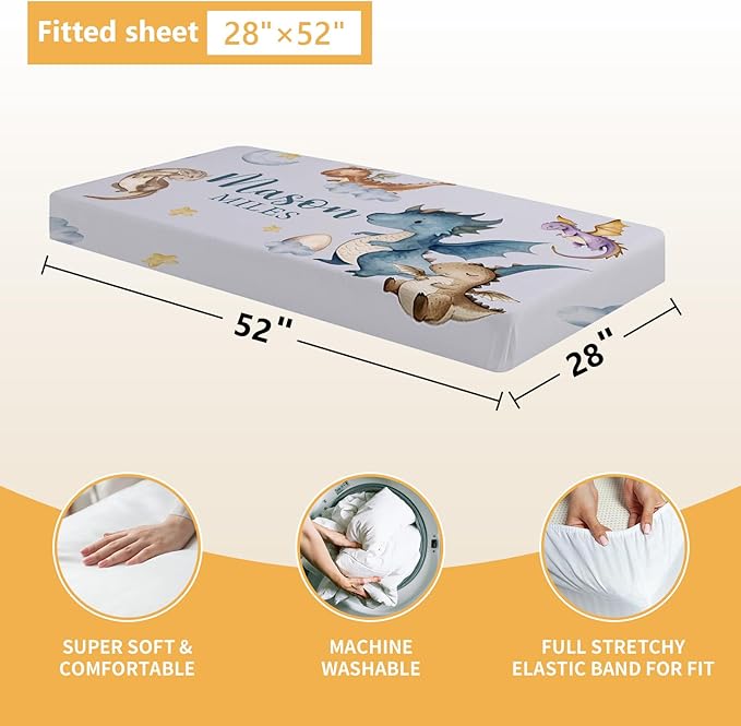 Custom Baby Crib Bedding Set, 5 Pcs Personalized Name Baby Crib Sets for Infant Toddler, Blue Dinosaur Nursery Bedding Set for Baby Boy, Double Layer Baby Bedding Sets Customized Gifts-CubbioJoy