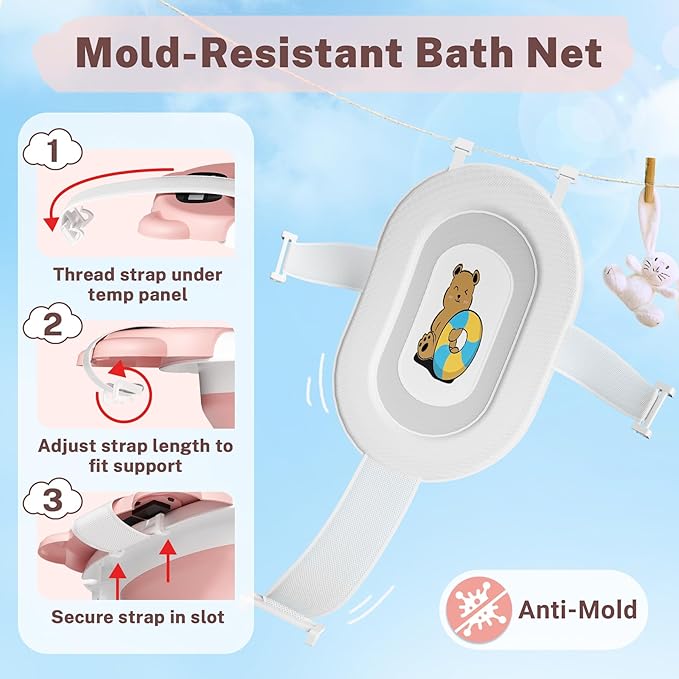 AVIDOR Baby Bathtub,Collapsible Bathtub for Newborn to Toddler,Durable Essential Infant Bath Tub,Portable Travel Baby Tub with Soft Cushion,No-Slip Hanging and Detachable(Pink)-CubbioJoy