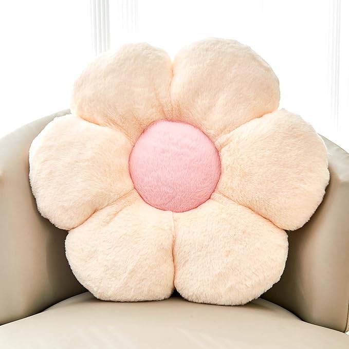 Beige Flower Pillow, Cute Decorative Flower Shaped Throw Pillow with Faux Rabbit Fur, 14.9" Soft Flower Plush Throw Pillow Floor Pillows Room Décor for Bedroom Living Room-CubbioJoy