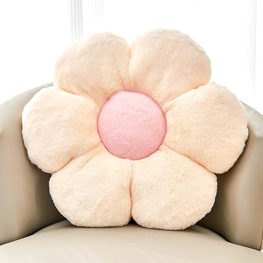 Beige Flower Pillow, Cute Decorative Flower Shaped Throw Pillow with Faux Rabbit Fur, 14.9" Soft Flower Plush Throw Pillow Floor Pillows Room Décor for Bedroom Living Room-CubbioJoy