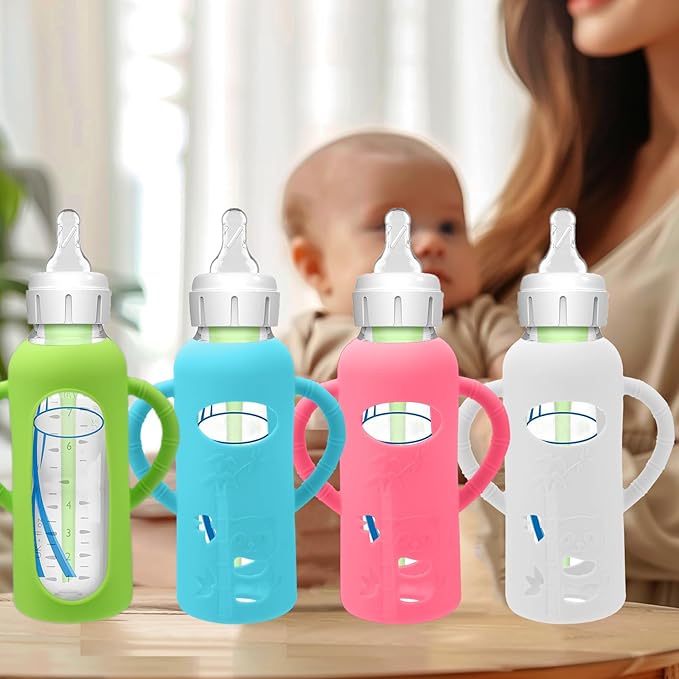 4 Pack Silicone Sleeves for Dr. Brown's Glass Baby Bottles - Drop Protection Baby Bottle Sleeves,Compatible with Dr. Brown's Newborn Glass Bottles,with Silicone Handles,8 oz-CubbioJoy