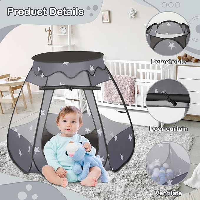 Baby Ball Pit for Toddler with 50 Balls, Kids Pop Up Play Tent for Girls, Princess Toys Gifts for Children Indoor & Outdoor Playhouse (Black: Gray/White/Babyblue, 109x90cm/50 Balls)-CubbioJoy