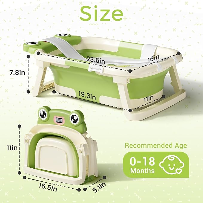 Baby Bathtub, Collapsible Newborn Bathtub for Infant to Toddler 0-24 Months with Soft Cushion and Thermometer,Portable Travel Newborn Tub with No-Slip Feet, Baby Shower Gifts,Green-CubbioJoy
