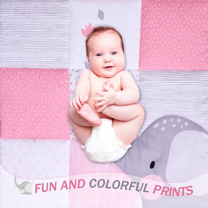 Cloele Elephant Crib Bedding Set for Girls - 3 Piece Baby Bedding Set Includes Comforter Fitted Sheet Crib Skirt - Pink Floral Standard Size Nursery Bedding Set Baby Crib Set for Girls-CubbioJoy