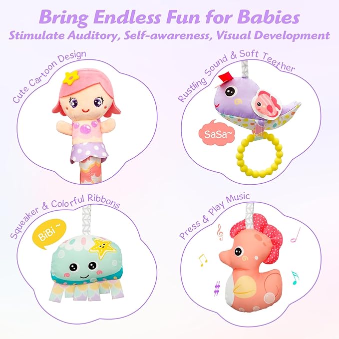 Car Seat Toys for Babies 0-6 Months Boy Girl Carseat Toys Hanging Spiral Stroller Toy, Infant Toy 0-6 Months Baby Newborn 0 3 Month Brain Development with Music Teether Rattle-CubbioJoy
