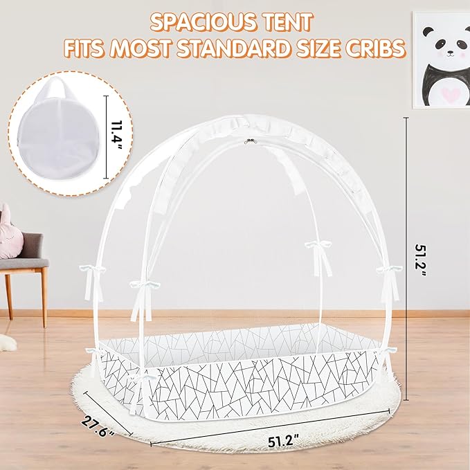 Crib Tent to Keep Baby from Climbing Out - Crib Net to Keep Baby in - Pop Up Breathable Cribs Cover - Canopy with Upgrade Strong Mesh and Durable Zipper (White - Lines, Lager)-CubbioJoy