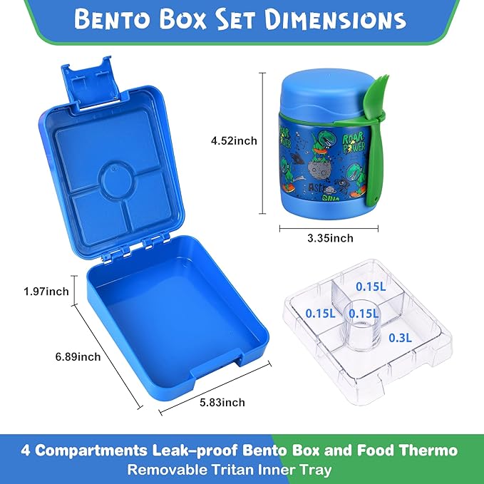 Bento Lunch Box Set With 10oz Soup Thermo, Leak-proof Lunch Containers with 4 Compartment, Kids Hot Thermo Food Jar/Insulation Lunch Bag, Food Containers for School（Dinosaur）-CubbioJoy