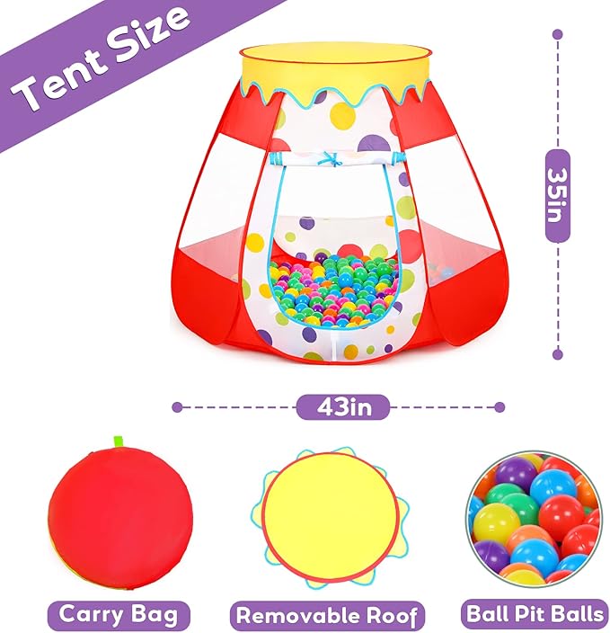 Baby Ball Pit for Toddler with 50 Balls, Kids Pop Up Play Tent for Girls, Princess Toys for Children Indoor & Outdoor Playhouse with Carry Bag (Red: 7 Bright Colors, 109x90cm/50 Balls)-CubbioJoy