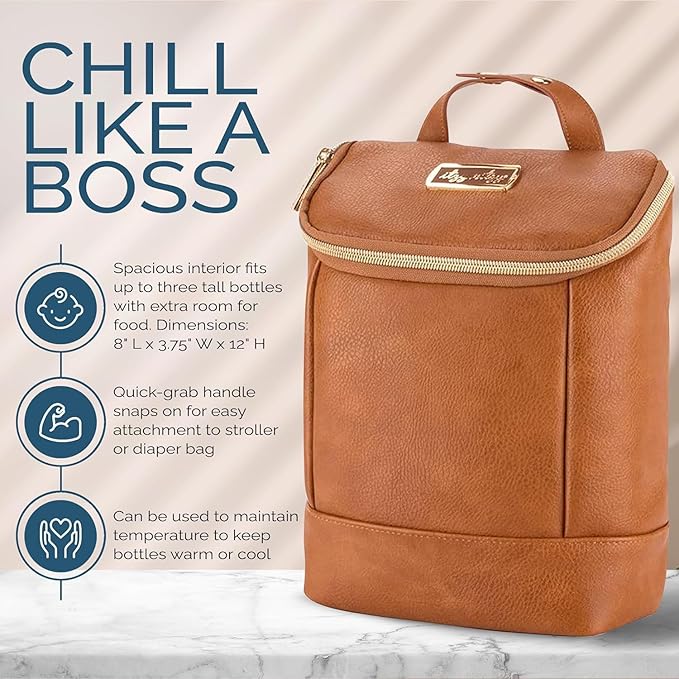 Itzy Ritzy Insulated Bottle Bag – Keeps Bottles Warm or Cool - Holds 3 Bottles & Features Interior Pocket for Ice Pack (Not Included), Cognac-CubbioJoy