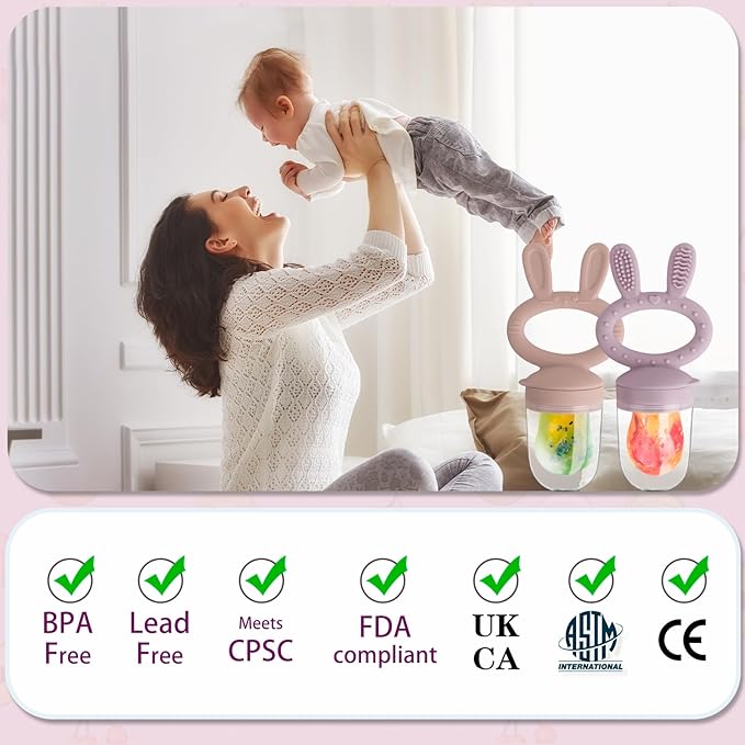 Baby Solids/Frozen Fruit Feeder Pacifier, Infant Teether Toy 4M+, BPA-Free Silicone Pouch & Nipple, Safely Introduce Solids, Teething Relief, 2-Pack (Rabbit - Pink Purple, S/M/L)-CubbioJoy