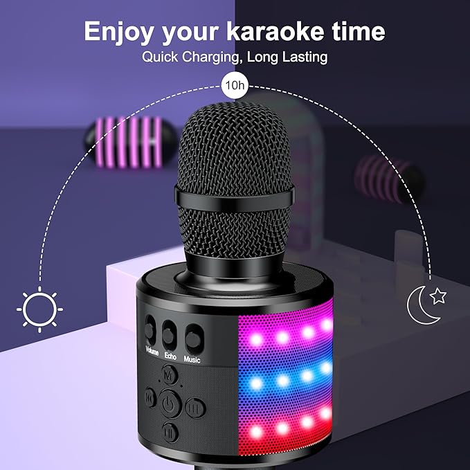 BONAOK Karaoke Microphone for Kids & Adults - Bluetooth Microphones Singing Mic with Disco Lights, Echo Effect, Built-in Speaker Portable Karaoke Player for Party Travel Gifts Q78(Black)-CubbioJoy