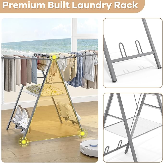 APEXCHASER Clothes Drying Rack Foldable, Metal Laundry Drying Rack Collapsible, Portable Compact Clothes Rack for Sweater Baby Clothes Towel Indoor & Outdoor, Height Adjustable Clothes Airer, Grey-CubbioJoy