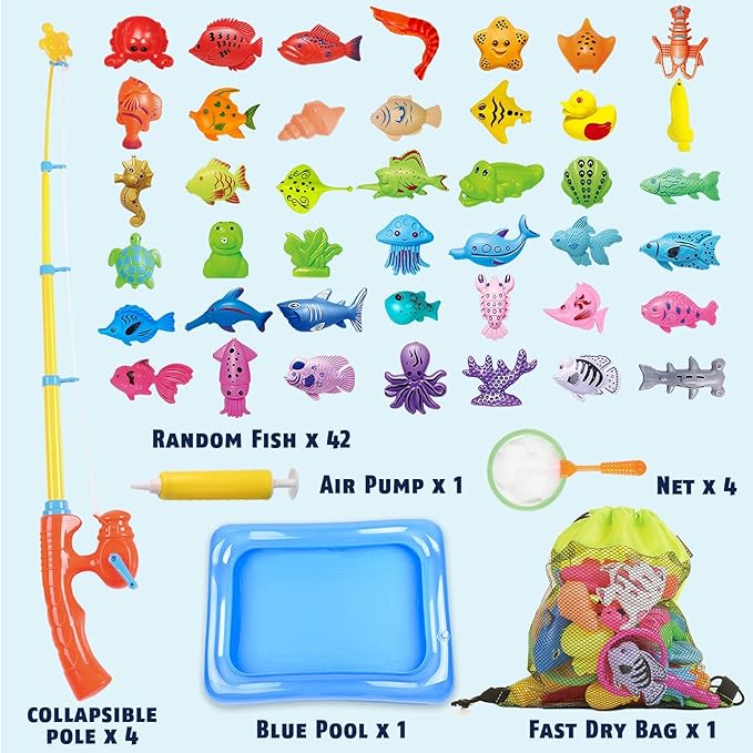 CozyBomB™ Magnetic Fishing Toys Game Set for Kids | Water Table Bathtub Kiddie Pool Party & Pole Rod Net, Plastic Floating Fish Toddler Color Ocean Sea Animals Birthday Age 3 4 5 6 Year-CubbioJoy