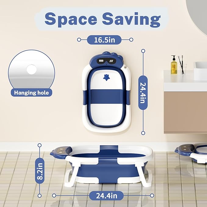 AVIDOR Baby Bathtub,Collapsible Bathtub for Newborn to Toddler,Durable Essential Infant Bath Tub,Portable Travel Baby Tub with Soft Bath Net,No-Slip Feet and Dinosaur Shaped (Navy Blue)-CubbioJoy