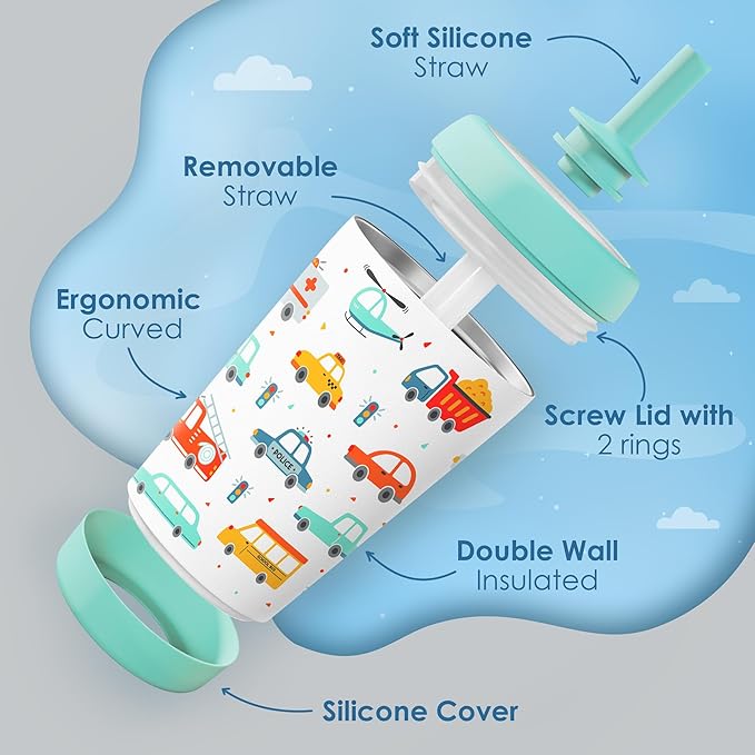 Kid Insulated Stainless Steel Tumbler with Silicone Straw, 12oz Sippy Cup for Kids (Transportation)-CubbioJoy