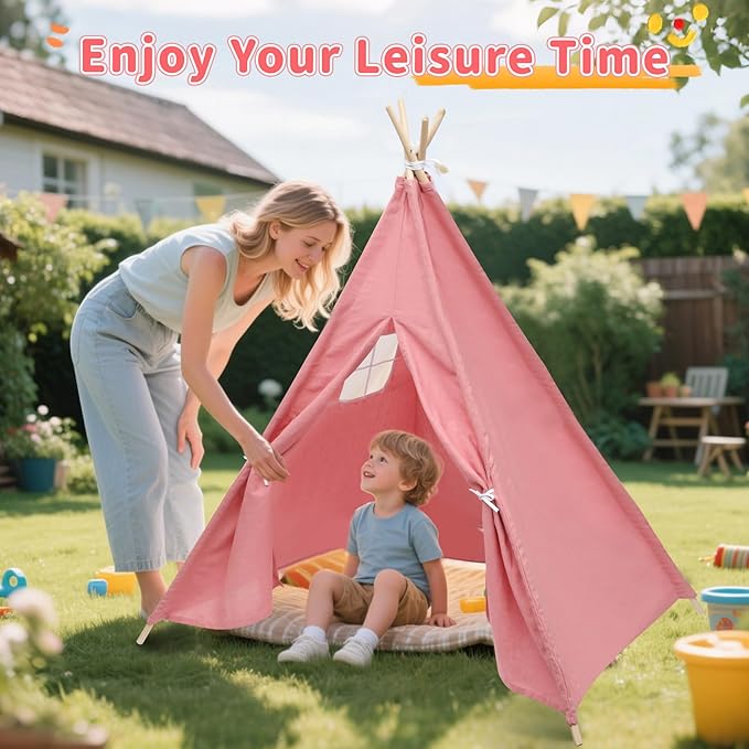 4 Pack Teepee Tent for Kids with Light String and Inflatable Airbed, Slumber Party Tents, Sleepover Tents Party for Girls Boys Indoor Outdoor (Pink)-CubbioJoy