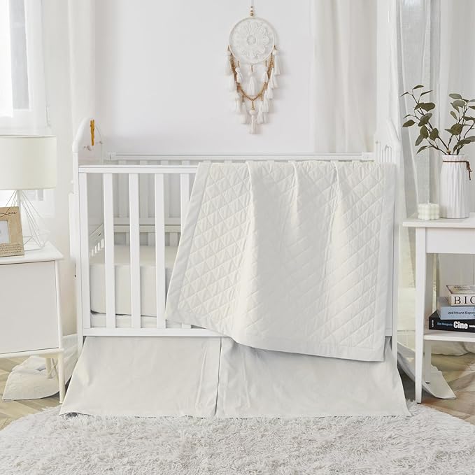 Brandream White Crib Bedding Set 3 Pieces Baby Nursery Collection - Quilt,Crib Sheet,Dust Ruffle-100% Washed Cotton Like Linen Supersoft Classic Quilted Plaid Off White Cream-CubbioJoy