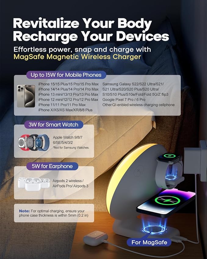 Dekala Sunrise Alarm Clock with 3-in 1 Wireless Charging Station, White Noise Sound Machine, 11 Light & 15 Sounds, Alarm Clocks for Heavy Sleepers Bedroom, Compatible with Apple Watch/Airpods/iPhone-CubbioJoy