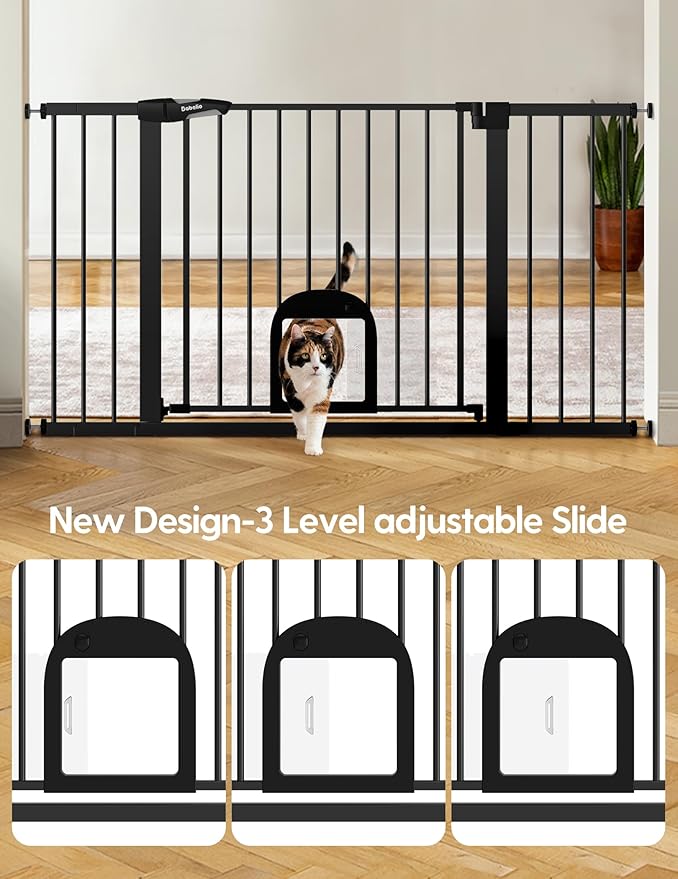 Babelio 36.5-57" Extra Wide Baby Gate with Cat Door,Auto Close&Two Way Swing,Pressure Mounted Dog Gates for Stairs,Doorways,Includes 4 Wall Cups and 3 Extension Pieces,Black-CubbioJoy