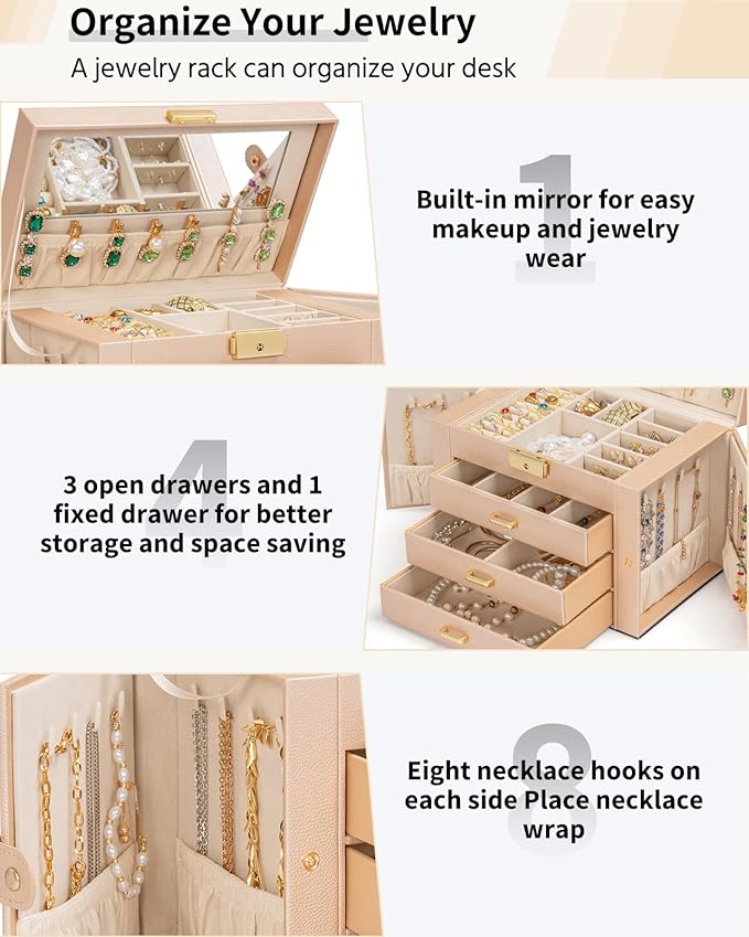 AKOZLIN Large 4-Tier Jewelry Box Leather Jewelry Storage Organizer with 3 Drawers Lockable for Women Girls Ring Necklace Earring Bracelet Watches Holder with Mirror Champagne-CubbioJoy
