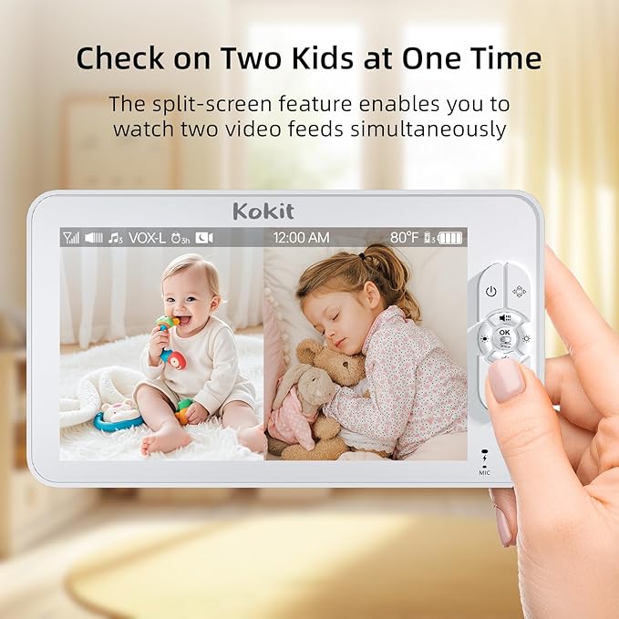7" 1080P Full HD Split-Screen Baby Monitor,100 Hrs 5000mAh Battery Runs 4 Days with Flexible Bracket,No WiFi Baby Monitor with 2 FHD Cameras Hack-Proof,4X Zoom,2-Way Talk,Temp Alert/Lullabies/VOX-CubbioJoy
